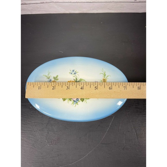 Vintage Porcelain Large Oval White Blue Flower Trinket Dresser Box Signed N M - Picture 10 of 11